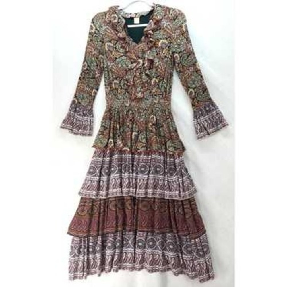 Lucy & Laurel Brown Paisley Tiered Midi Dress Sz S Ruffle Smocked Waist Boho